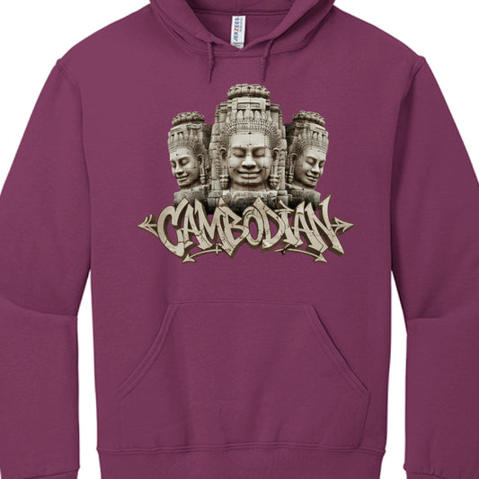 Purple hoodie with a design of three faces and 'Cambodian' text on a white background