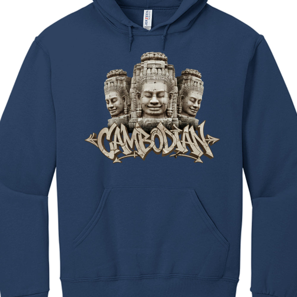 Navy blue hoodie with three-headed sculpture design and 'Cambodian' text on a white background