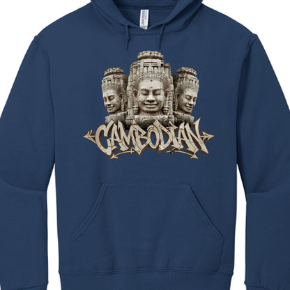 Navy blue hoodie with three-headed sculpture design and 'Cambodian' text on a white background