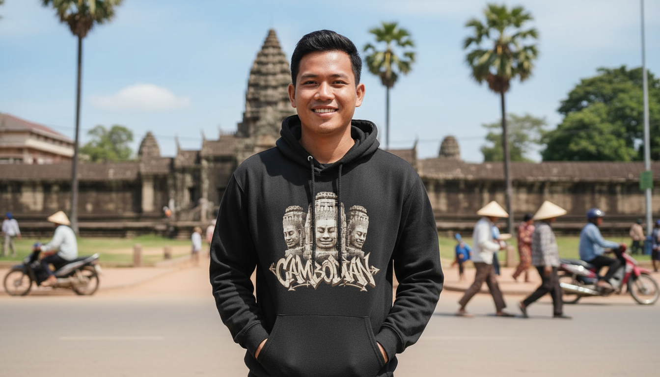 Person wearing a black hoodie with a temple in the background