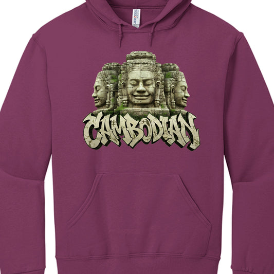 Purple hoodie with a Cambodian-themed design featuring a stone face sculpture.