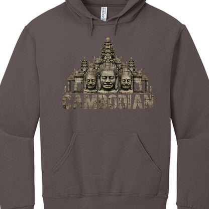 Brown hoodie with Angkor Wat design and 'Cambodian' text on a white background
