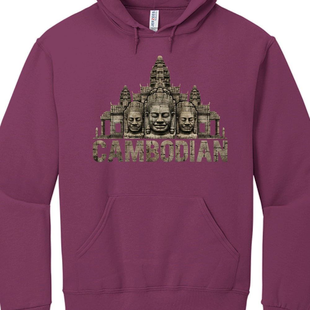 Purple hoodie with a temple graphic and 'Cambodian' text on a white background