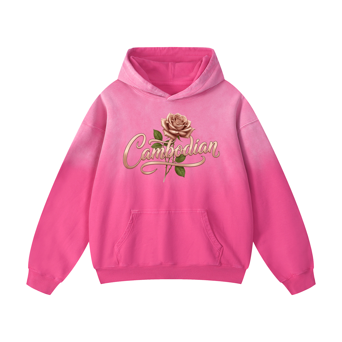 This image displays a graphic design of a pink hooded sweatshirt with a more detailed, illustrative central graphic compared to the previous version.

Key Visual Elements
Apparel: A bright pink pullover hoodie featuring an ombré or washed effect, with lighter shades of pink around the shoulders and hood.

Typography: The word "Cambodian" is rendered in an elegant, rose-gold script. The font is more refined and cursive, featuring a long, flowing flourish that underlines the text.

Illustration: A realistic r