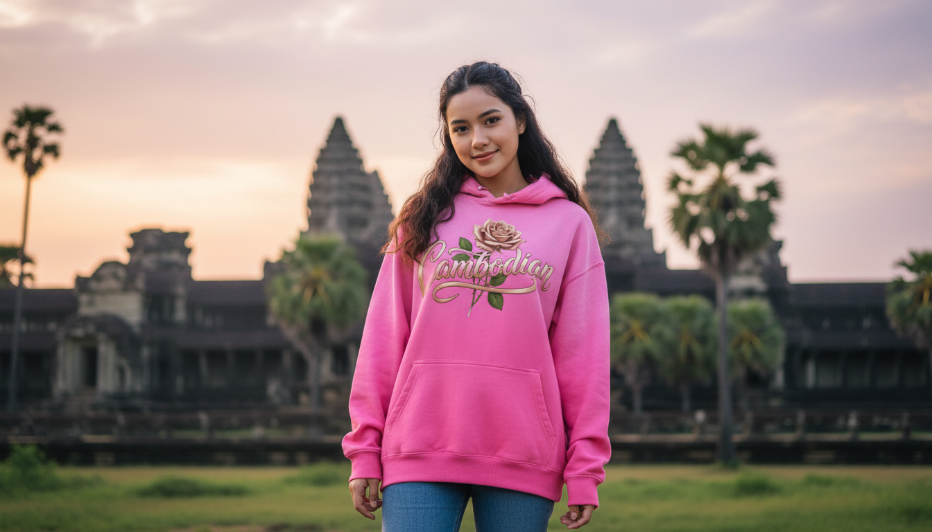 Woman wearing a pink hoodie with text and a rose design, standing in front of Angkor Wat.