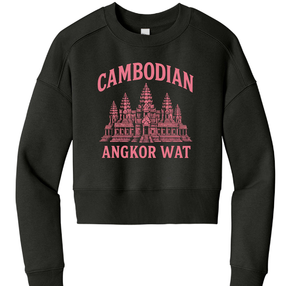 "Cambodian Angkor Wat" Design
This design uses a bold, collegiate-inspired style:

Text: The word "CAMBODIAN" arches over the top in a pink, blocky sans-serif font, while "ANGKOR WAT" is written straight across the bottom in the same style.

Imagery: The center features a detailed, pink-colored illustration of the Angkor Wat temple complex.

Aesthetic: Unlike the first image, this graphic uses a single-color (pink) print with a slightly distressed or vintage texture.