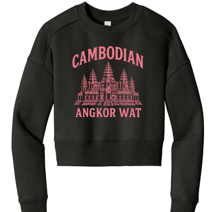 "Cambodian Angkor Wat" Design
This design uses a bold, collegiate-inspired style:

Text: The word "CAMBODIAN" arches over the top in a pink, blocky sans-serif font, while "ANGKOR WAT" is written straight across the bottom in the same style.

Imagery: The center features a detailed, pink-colored illustration of the Angkor Wat temple complex.

Aesthetic: Unlike the first image, this graphic uses a single-color (pink) print with a slightly distressed or vintage texture.