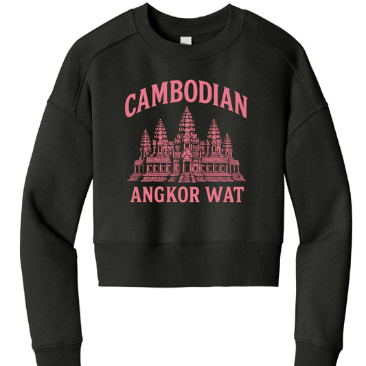 "Cambodian Angkor Wat" Design
This design uses a bold, collegiate-inspired style:

Text: The word "CAMBODIAN" arches over the top in a pink, blocky sans-serif font, while "ANGKOR WAT" is written straight across the bottom in the same style.

Imagery: The center features a detailed, pink-colored illustration of the Angkor Wat temple complex.

Aesthetic: Unlike the first image, this graphic uses a single-color (pink) print with a slightly distressed or vintage texture.