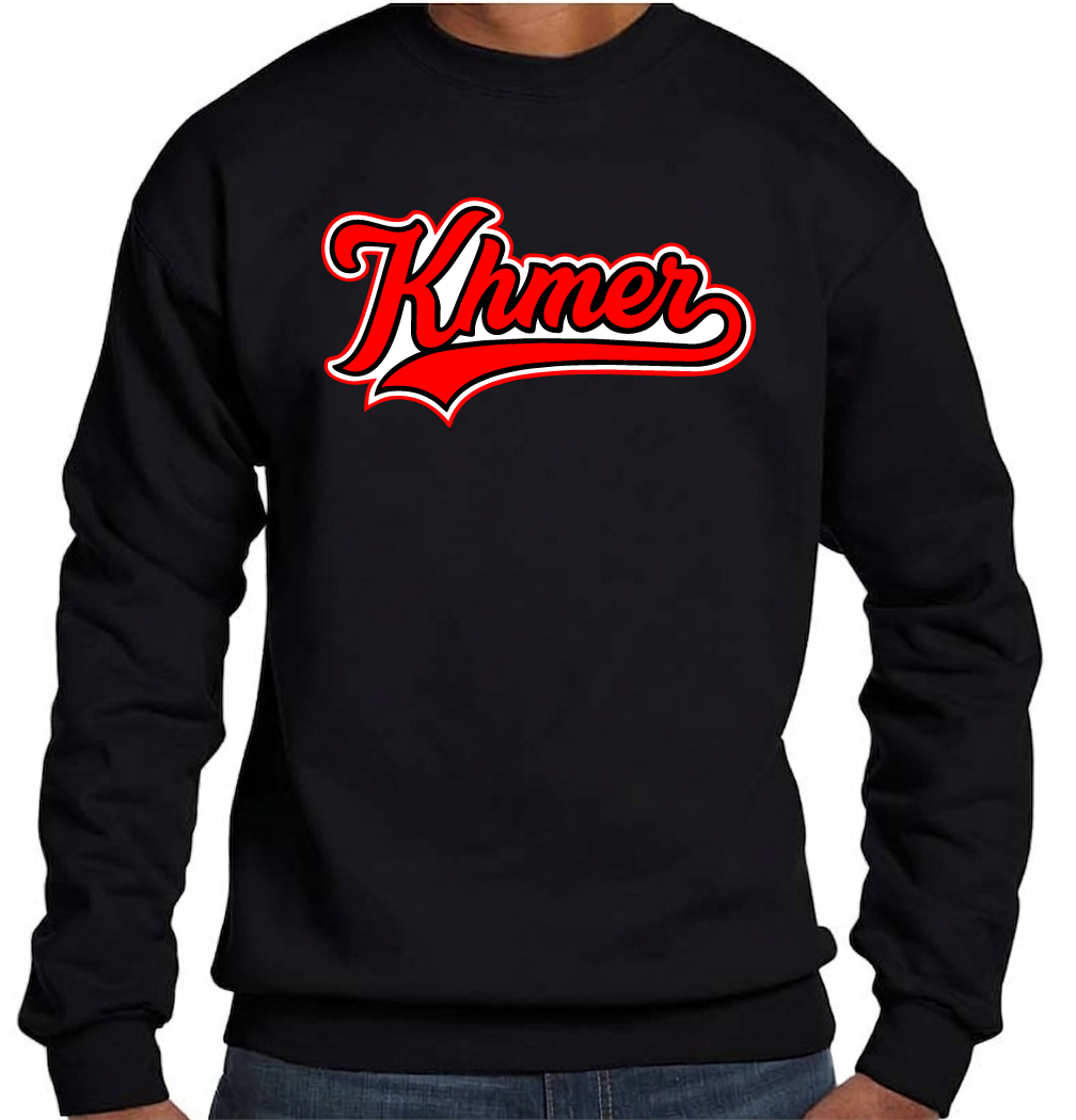 Black sweatshirt with red 'Khmer' text on a white background
