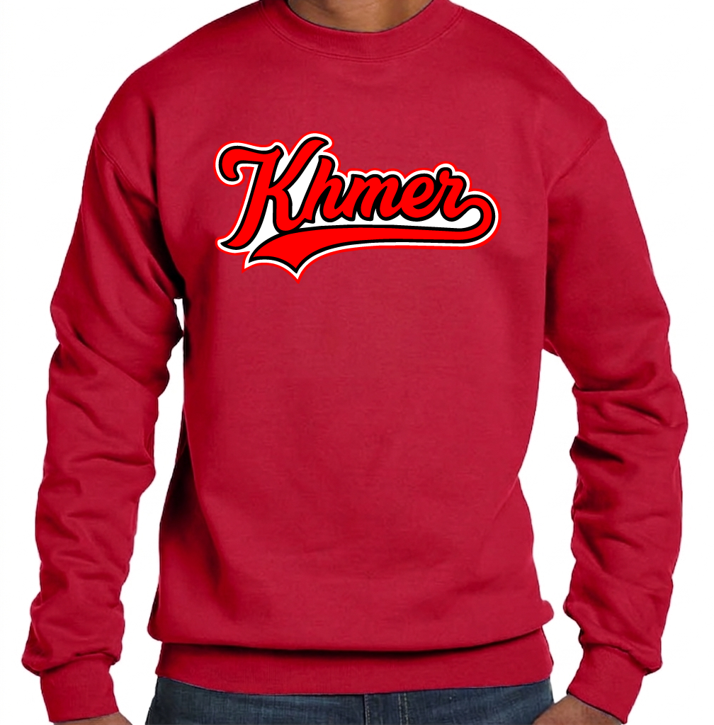 Red sweatshirt with 'Khmer' printed in red and white on a white background