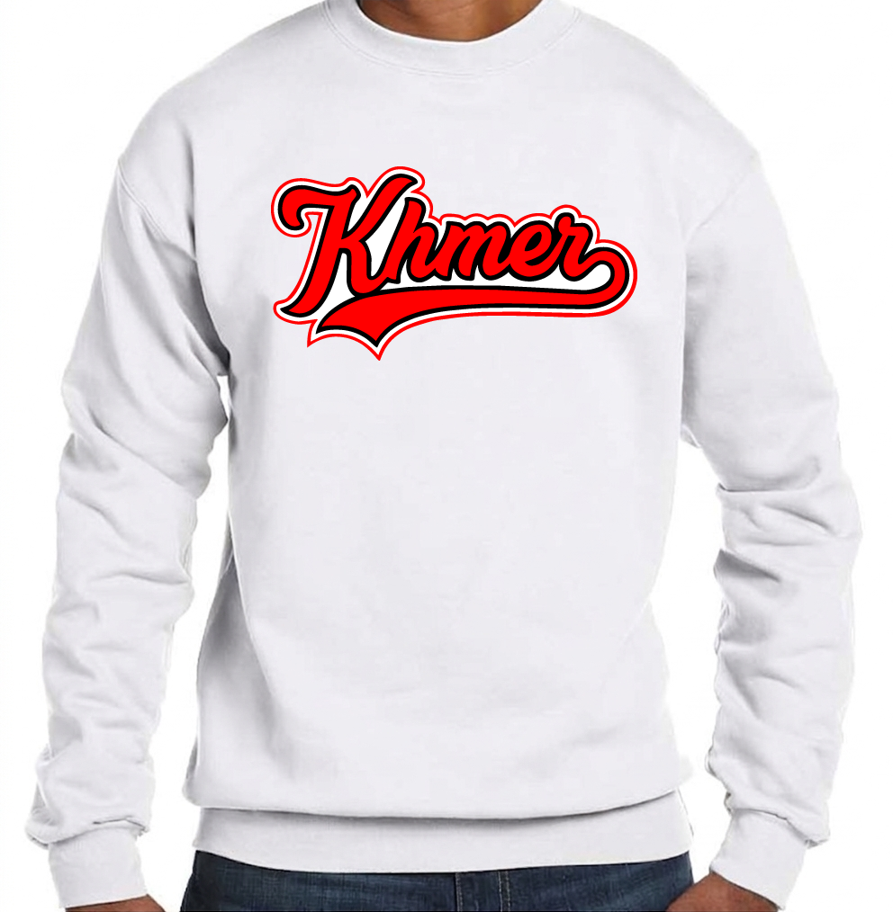 White sweatshirt with red 'Khmer' text worn by a person on a white background