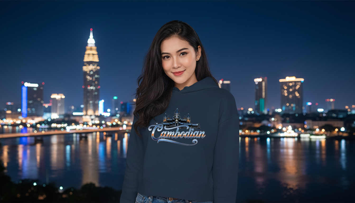Woman wearing a hoodie with a city skyline in the background