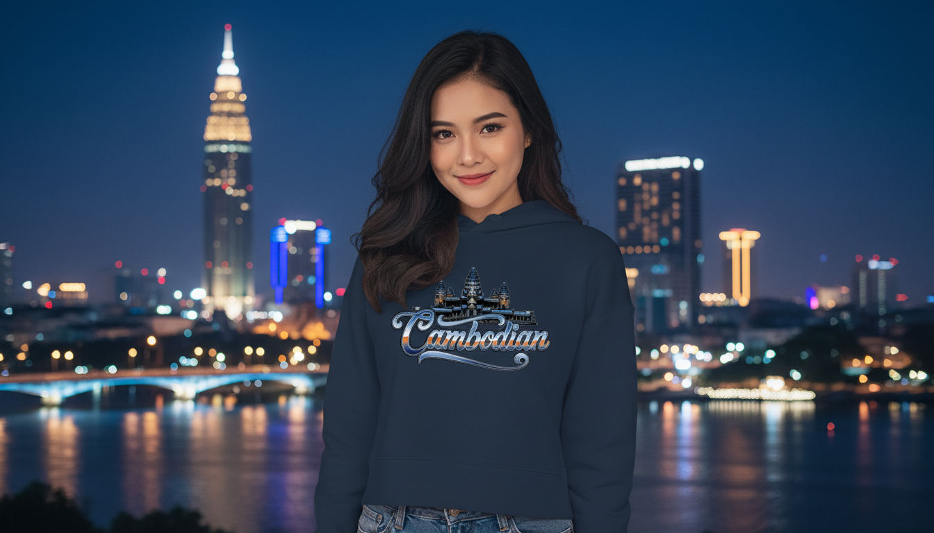 Woman wearing a hoodie with 'Cambodian' text in front of a city skyline at night.