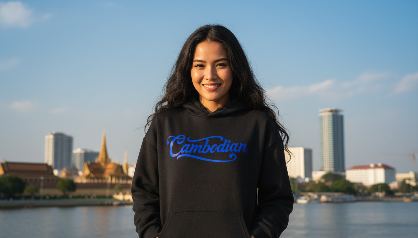 Person wearing a black hoodie with 'Cambodian' text, standing in front of a city skyline.