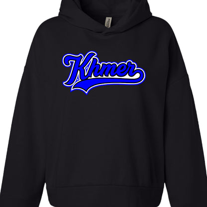 Both designs feature the word "Khmer" in a bold, cursive, baseball-style script with a decorative underline "swoosh".

(Blue/White): This version features a vibrant blue text color. It maintains the white and black layered outlines to create a high-contrast, pop-out effect against the black fabric.