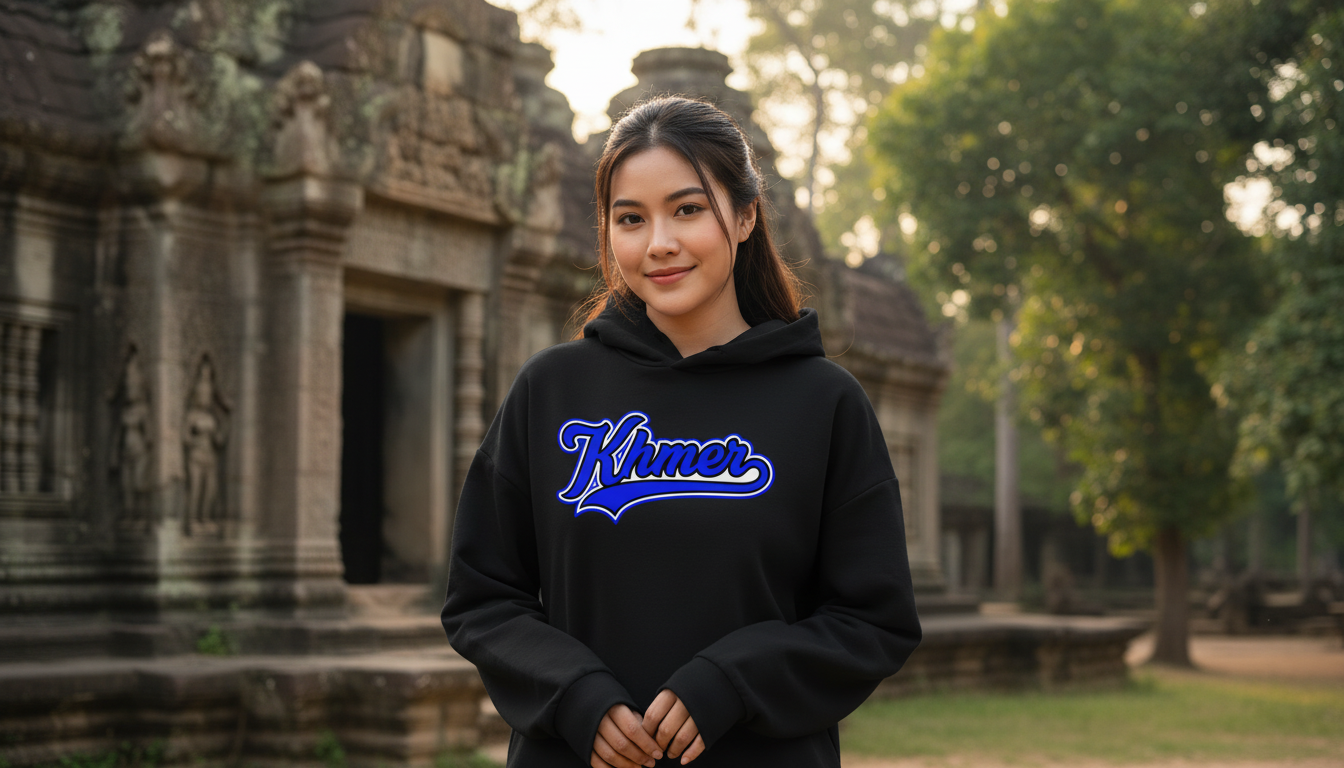 Person wearing a black hoodie with 'Khmer' text in front of ancient temple ruins.