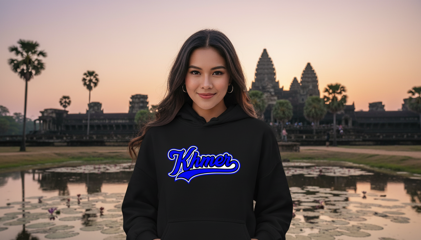 Person wearing a black hoodie with 'Khmer' text in front of Angkor Wat at sunset.
