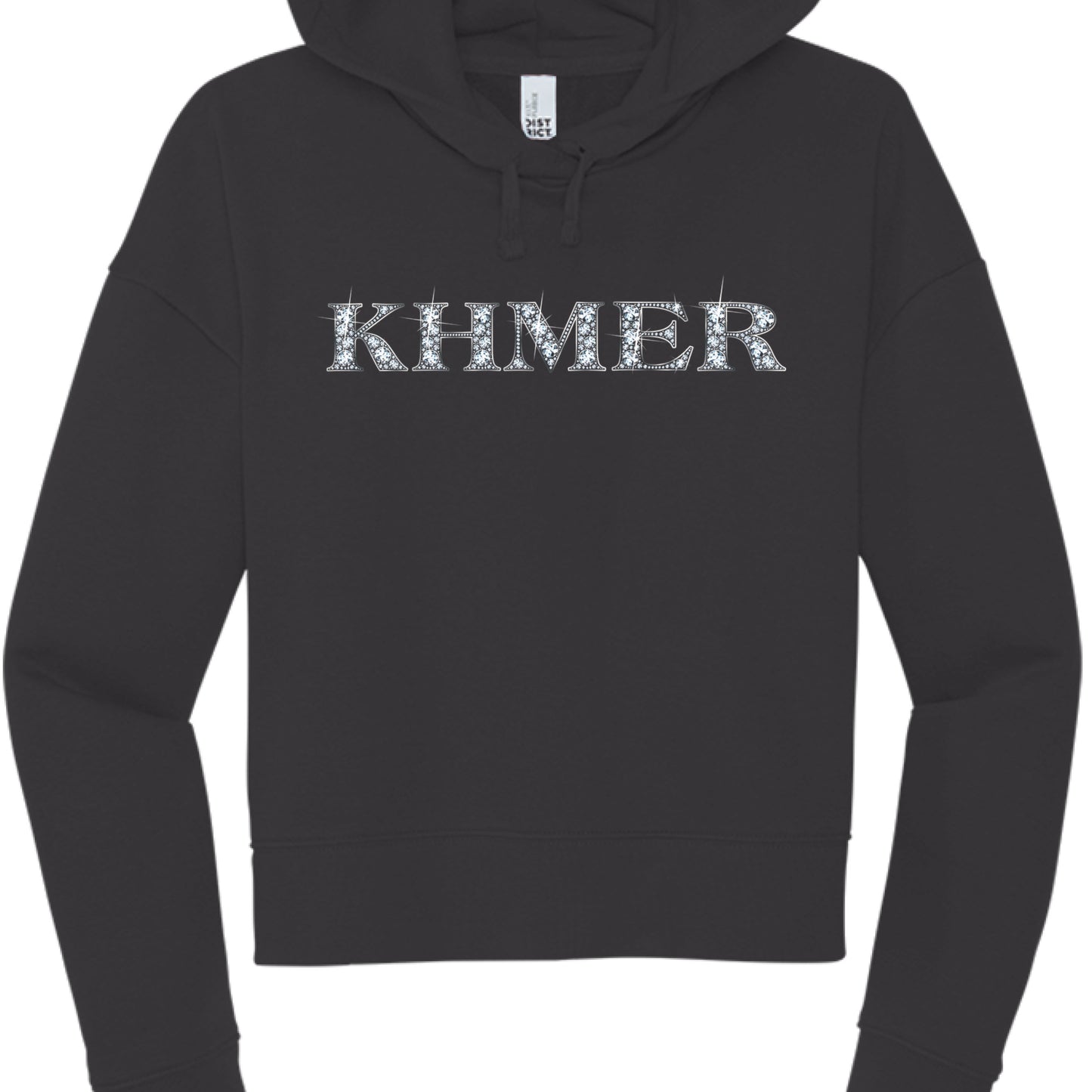 This image features a black, long-sleeved hooded sweatshirt with a bold graphic centered on the chest.

Design Details
The Text: The word "KHMER" is printed in large, uppercase, serif lettering across the chest.

The Style: The letters are filled with a rhinestone or "bling" effect, featuring white and light blue circular patterns that mimic the sparkle of diamonds. Small "glint" or starburst accents are scattered around the edges of the letters to enhance the glittering appearance.

The Hoodie: It is a sta