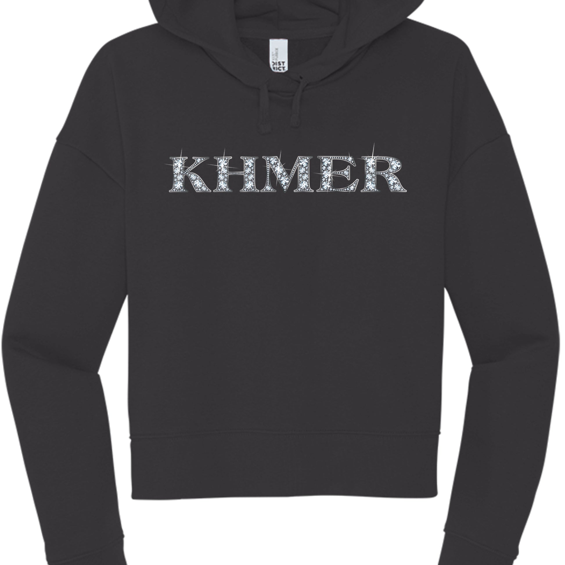 This image features a black, long-sleeved hooded sweatshirt with a bold graphic centered on the chest.

Design Details
The Text: The word "KHMER" is printed in large, uppercase, serif lettering across the chest.

The Style: The letters are filled with a rhinestone or "bling" effect, featuring white and light blue circular patterns that mimic the sparkle of diamonds. Small "glint" or starburst accents are scattered around the edges of the letters to enhance the glittering appearance.

The Hoodie: It is a sta