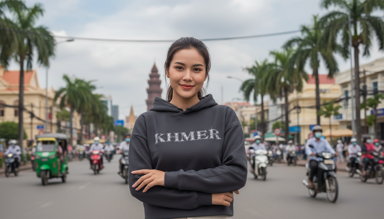 Woman wearing a hoodie with 'KHMER' text on a busy street.