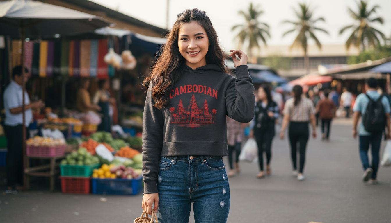 Woman wearing a 'Cambodian' sweatshirt in an outdoor market setting