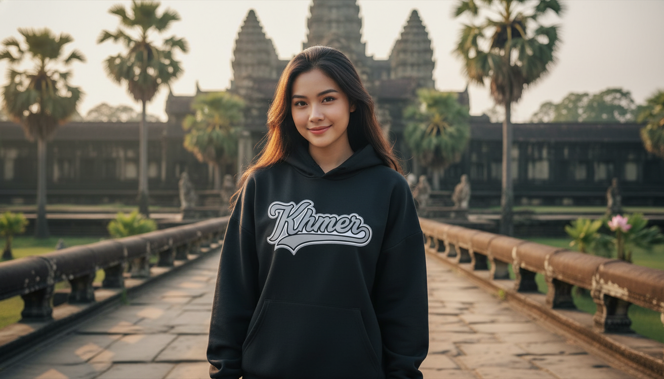 Person wearing a black hoodie with 'Khmer' text in front of Angkor Wat.