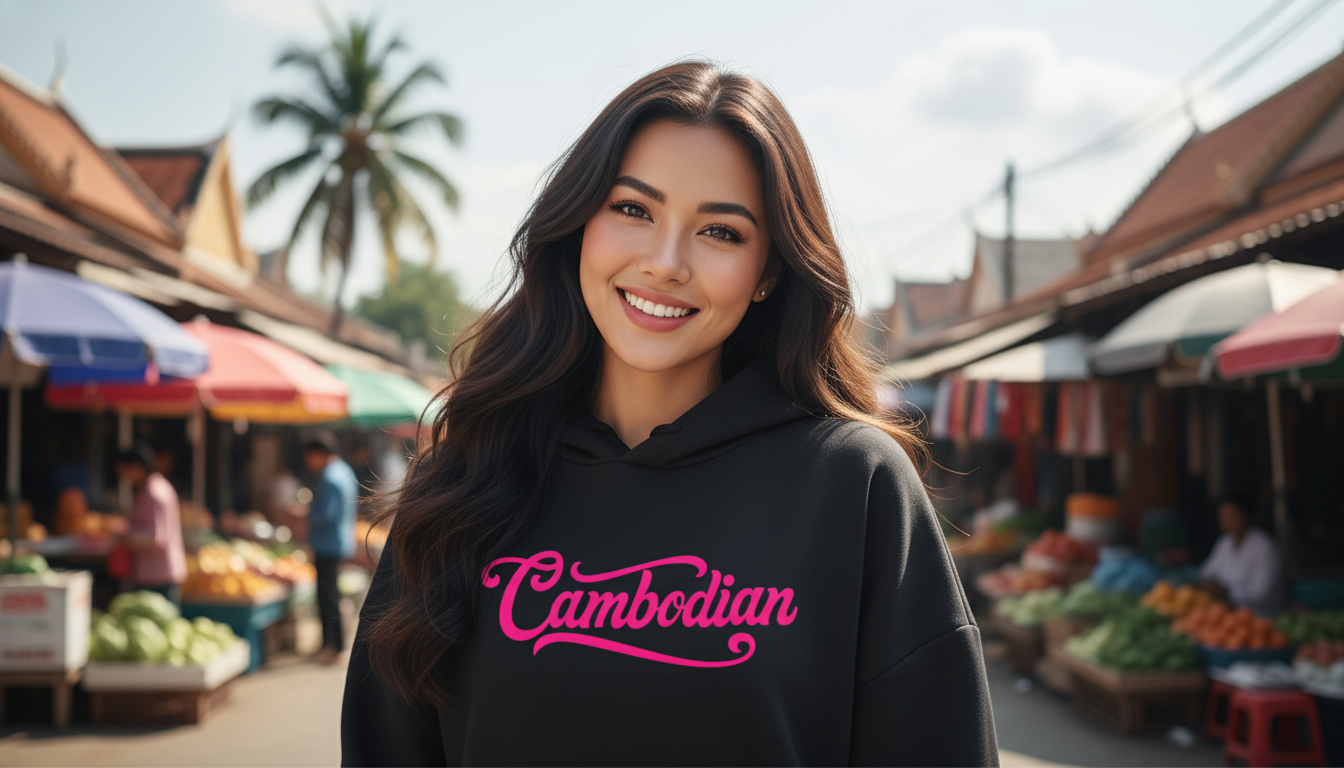 Woman wearing a black hoodie with 'Cambodian' text in pink at an outdoor market.
