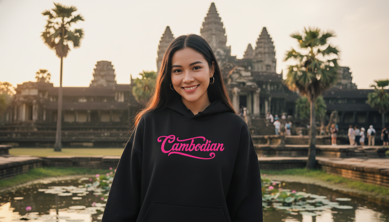 Woman wearing a black hoodie with 'Cambodian' text in front of Angkor Wat.
