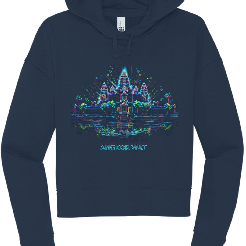 This image showcases a navy blue, cropped hoodie with a detailed neon-style graphic of Angkor Wat. While similar in theme to the previous design, this iteration is more intricate and uses a broader color palette.

Graphic Design Highlights
Subject: A vibrant, neon-line illustration of the Angkor Wat temple towers.

Artistic Details: * The design includes palm trees lining the front of the temple and a reflection of the structure in water below.

The lighting effects are more dense, featuring small geometric