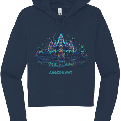 This image showcases a navy blue, cropped hoodie with a detailed neon-style graphic of Angkor Wat. While similar in theme to the previous design, this iteration is more intricate and uses a broader color palette.

Graphic Design Highlights
Subject: A vibrant, neon-line illustration of the Angkor Wat temple towers.

Artistic Details: * The design includes palm trees lining the front of the temple and a reflection of the structure in water below.

The lighting effects are more dense, featuring small geometric