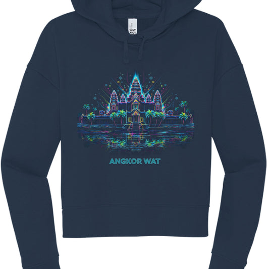 This image showcases a navy blue, cropped hoodie with a detailed neon-style graphic of Angkor Wat. While similar in theme to the previous design, this iteration is more intricate and uses a broader color palette.

Graphic Design Highlights
Subject: A vibrant, neon-line illustration of the Angkor Wat temple towers.

Artistic Details: * The design includes palm trees lining the front of the temple and a reflection of the structure in water below.

The lighting effects are more dense, featuring small geometric