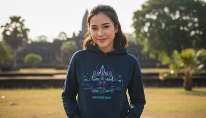 Woman wearing a hoodie with a temple design in an outdoor setting