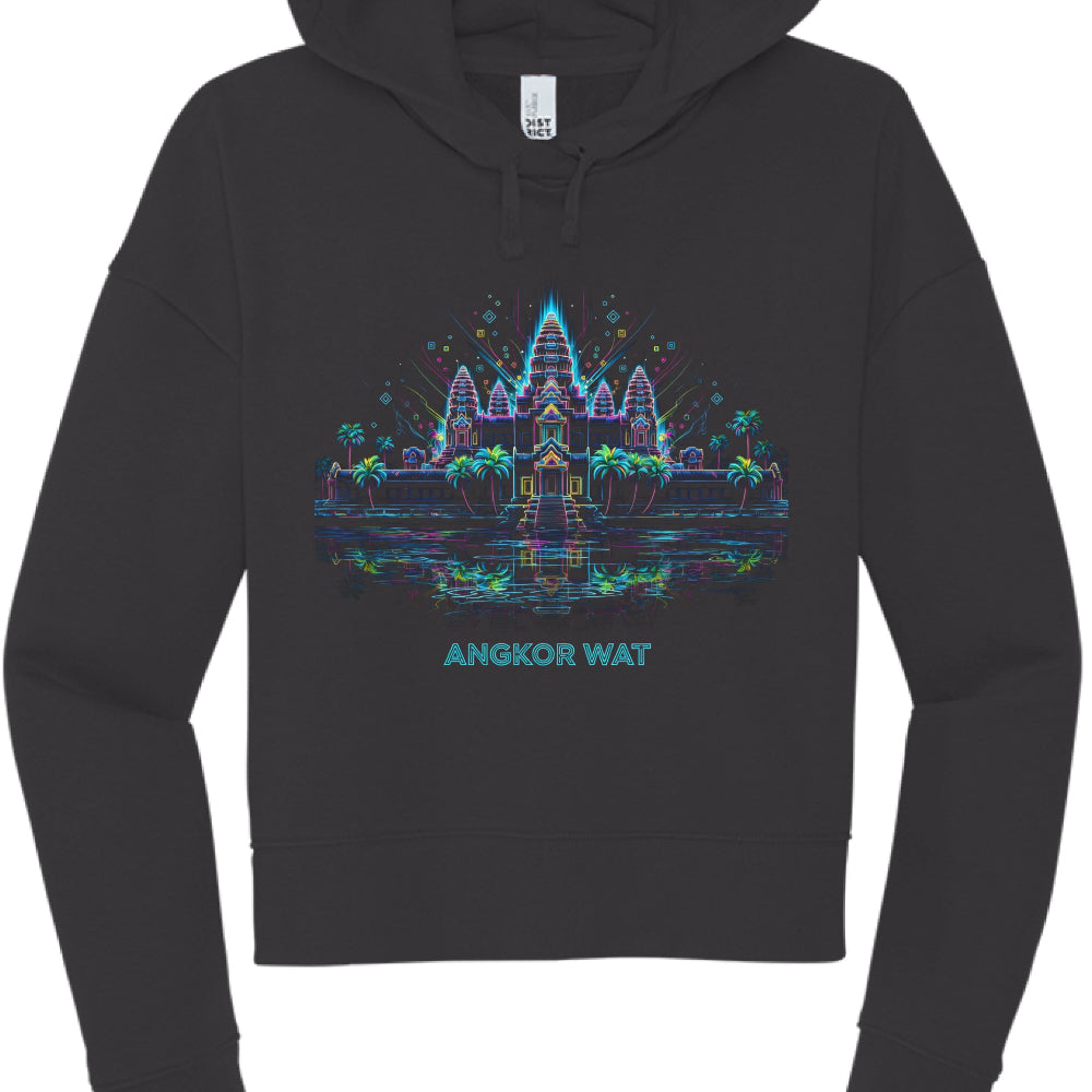 Black hoodie with Angkor Wat graphic design on a white background