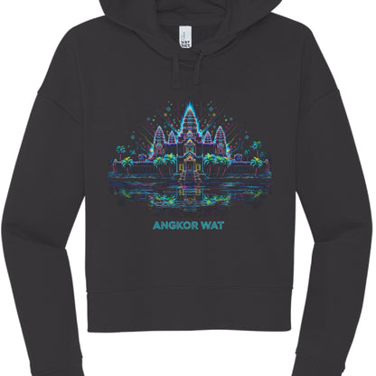 Black hoodie with Angkor Wat graphic design on a white background