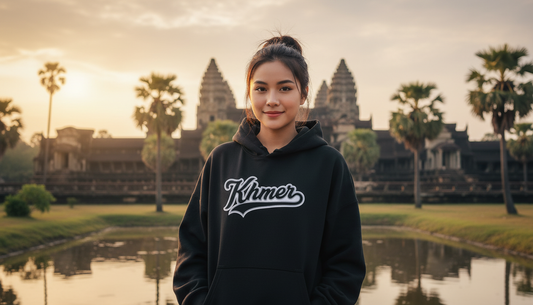 Person wearing a hoodie with 'Khmer' text in front of Angkor Wat.