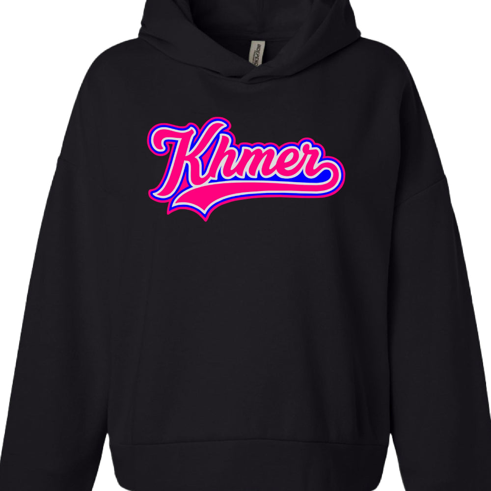 Text: The word "Khmer" is displayed in a stylized, cursive font.

Typography Style: It uses a varsity or baseball-style aesthetic, complete with a thick script and a long "swoosh" tail extending from the final letter under the word.

Color Palette: Unlike the previous monochrome version, this graphic uses a bold pink and blue color scheme:

The main body of the letters is bright pink.

The letters are outlined in royal blue and white to create a high-contrast, layered effect.