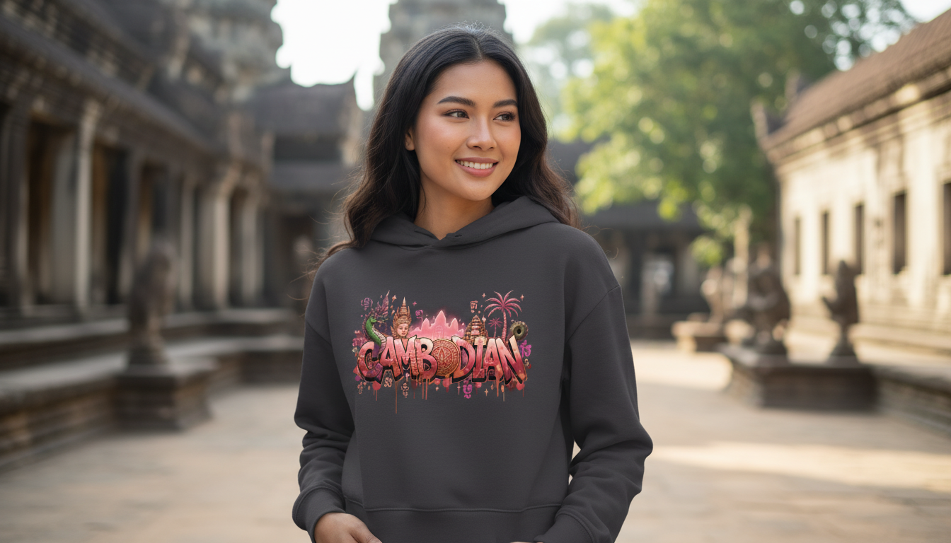 Woman wearing a hoodie with colorful text in front of an ancient temple.