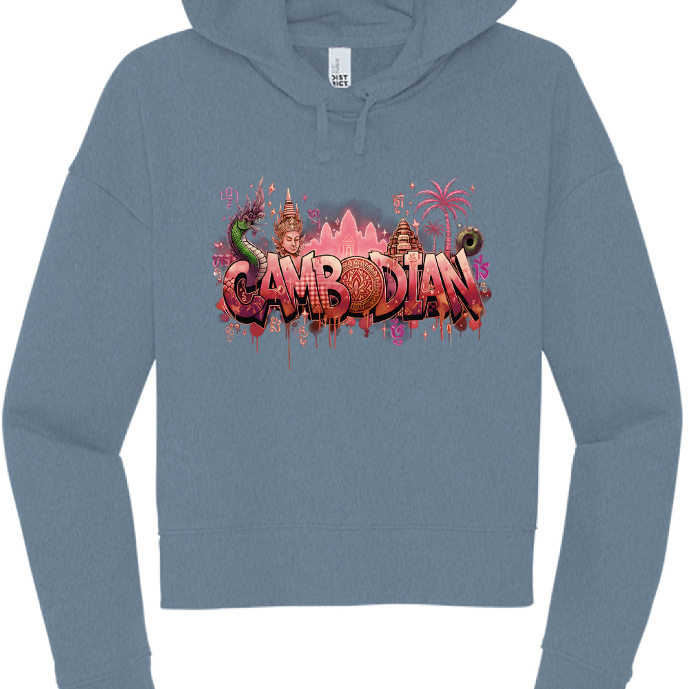 Blue hoodie with colorful 'Cambodian' design on a white background