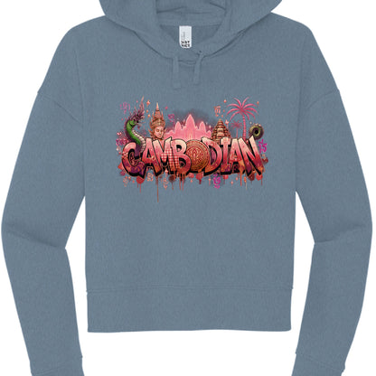 Blue hoodie with colorful 'Cambodian' design on a white background