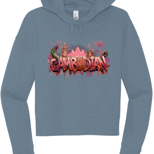 Blue hoodie with colorful 'Cambodian' design on a white background