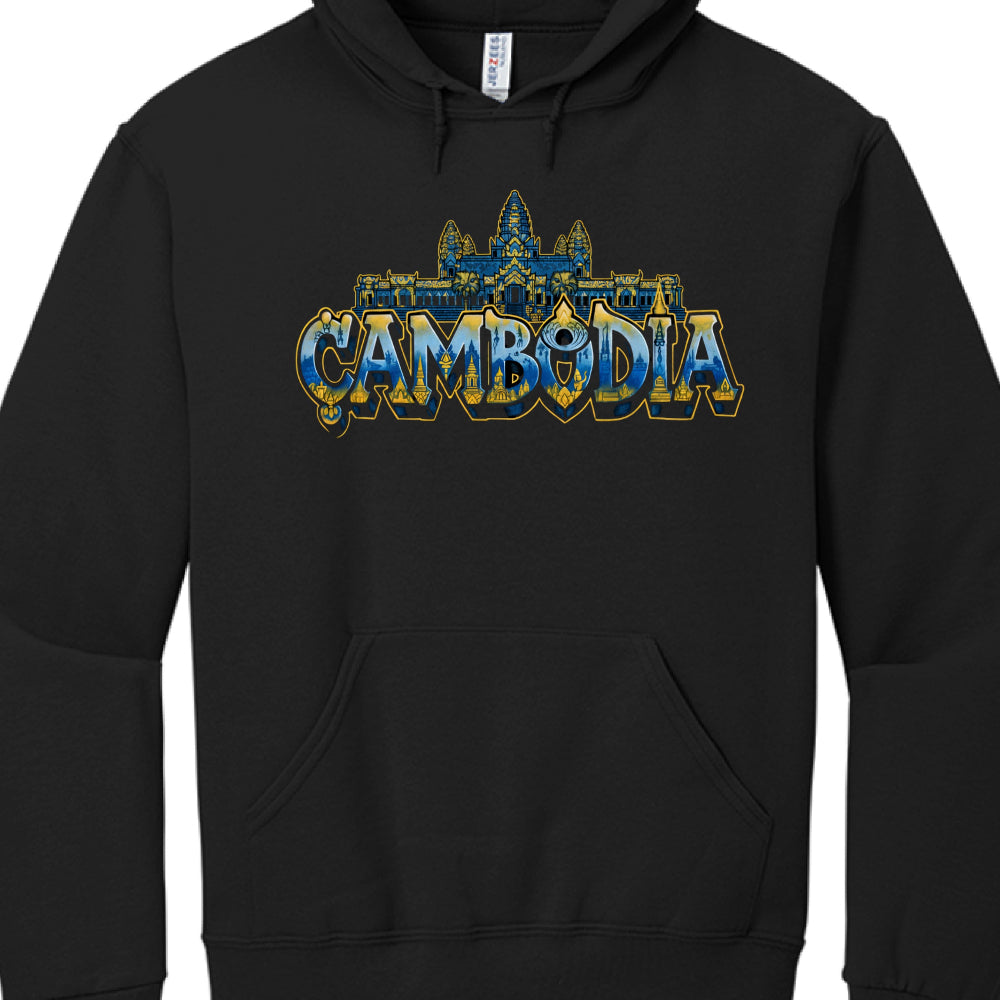 This image features a black pullover hoodie with an intricate graphic design on the chest that blends traditional Cambodian motifs with high-end, detailed digital art.

Graphic Design Breakdown
The artwork is a color-saturated variation of the previous "CAMBODIA" designs, focused on a rich, gold-and-blue theme:

Central Typography: The word "CAMBODIA" is rendered in a thick, 3D block font. The letters have a golden-yellow outline and are filled with a complex, deep blue landscape that appears to show styliz