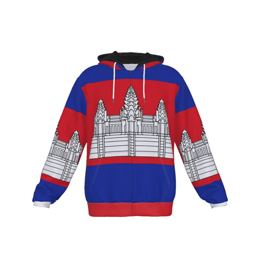 This image features a zip-up hoodie designed with a bold, graphic pattern based on the national flag of Cambodia.

Design Details
Central Imagery: The front of the hoodie prominently displays a stylized, white illustration of Angkor Wat, the iconic temple complex and national symbol of Cambodia.

Color Palette: The garment uses the traditional Cambodian flag colors:

Blue: Large horizontal bands at the top (shoulders) and bottom (waist).

Red: A wide central band that serves as the backdrop for