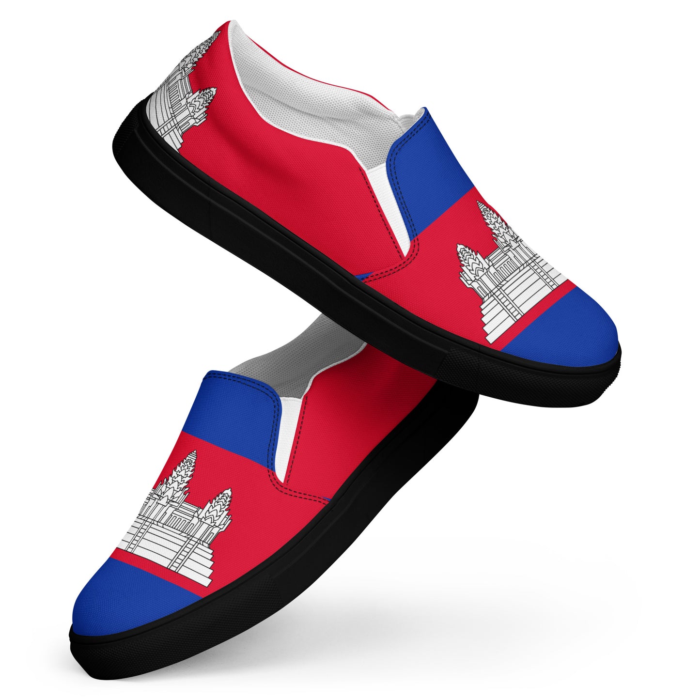 Shoes with a design inspired by the flag of Cambodia on a white background