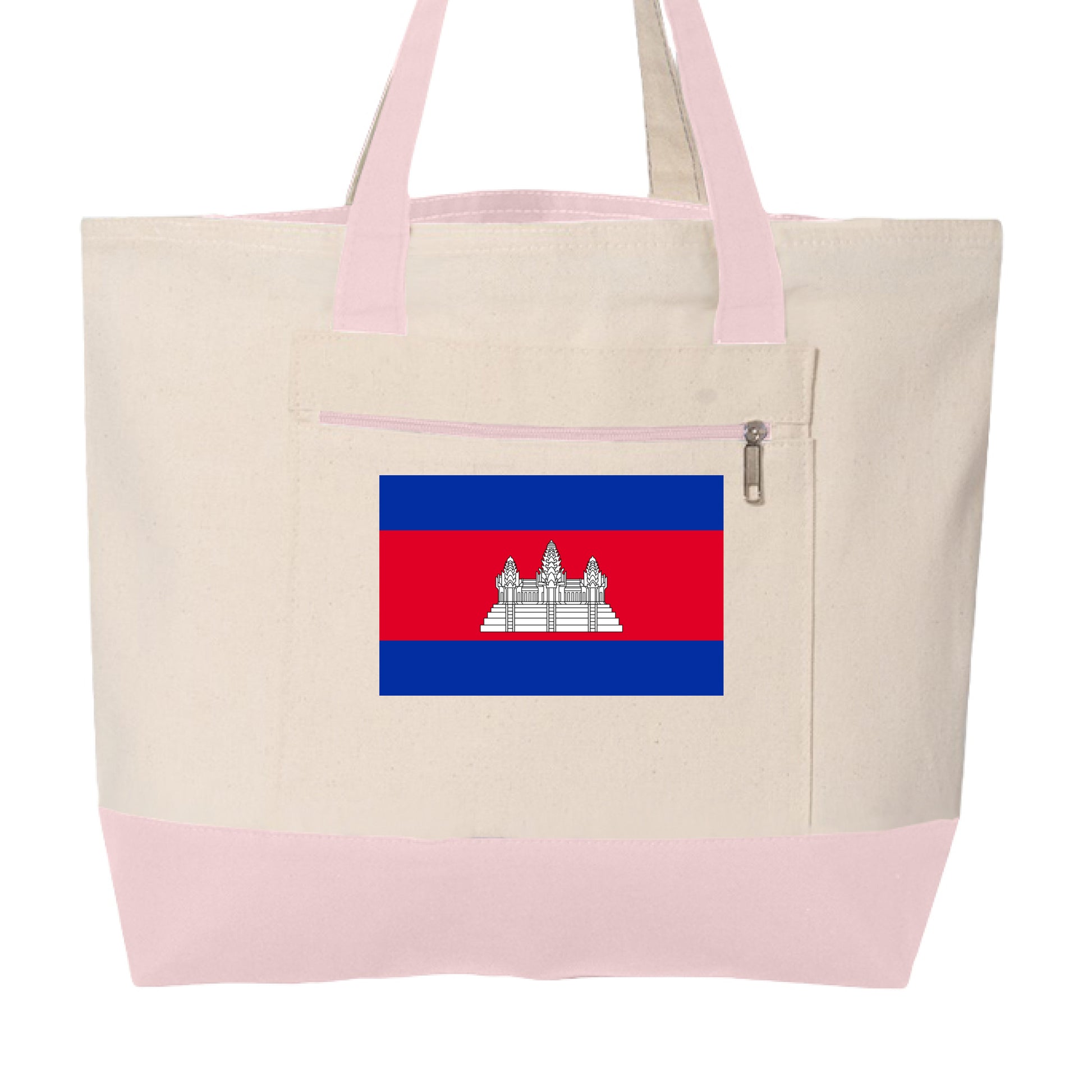 This image features a large, cream-colored canvas tote bag with soft pink accents. The design is practical and highlights a specific national symbol.

Key Features
Design & Color: The main body is a natural off-white/cream canvas. The base and the carrying handles are a pale pink.

Front Pocket: There is a large rectangular pocket on the front, secured with a horizontal silver zipper.

Central Graphic: Printed directly on the front pocket is the national flag of Cambodia, featuring its characteristic blue b