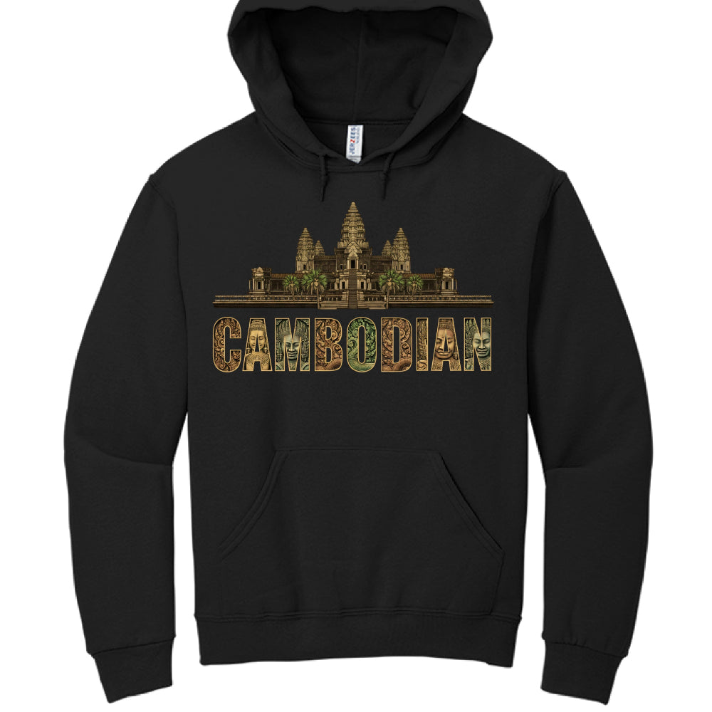 Black hoodie with Angkor Wat design and 'Cambodian' text on a white background