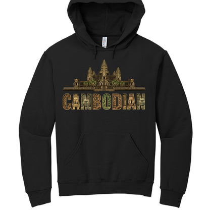 Black hoodie with Angkor Wat design and 'Cambodian' text on a white background