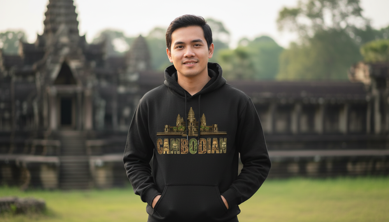 Person wearing a black hoodie with 'Cambodian' text in front of temple ruins