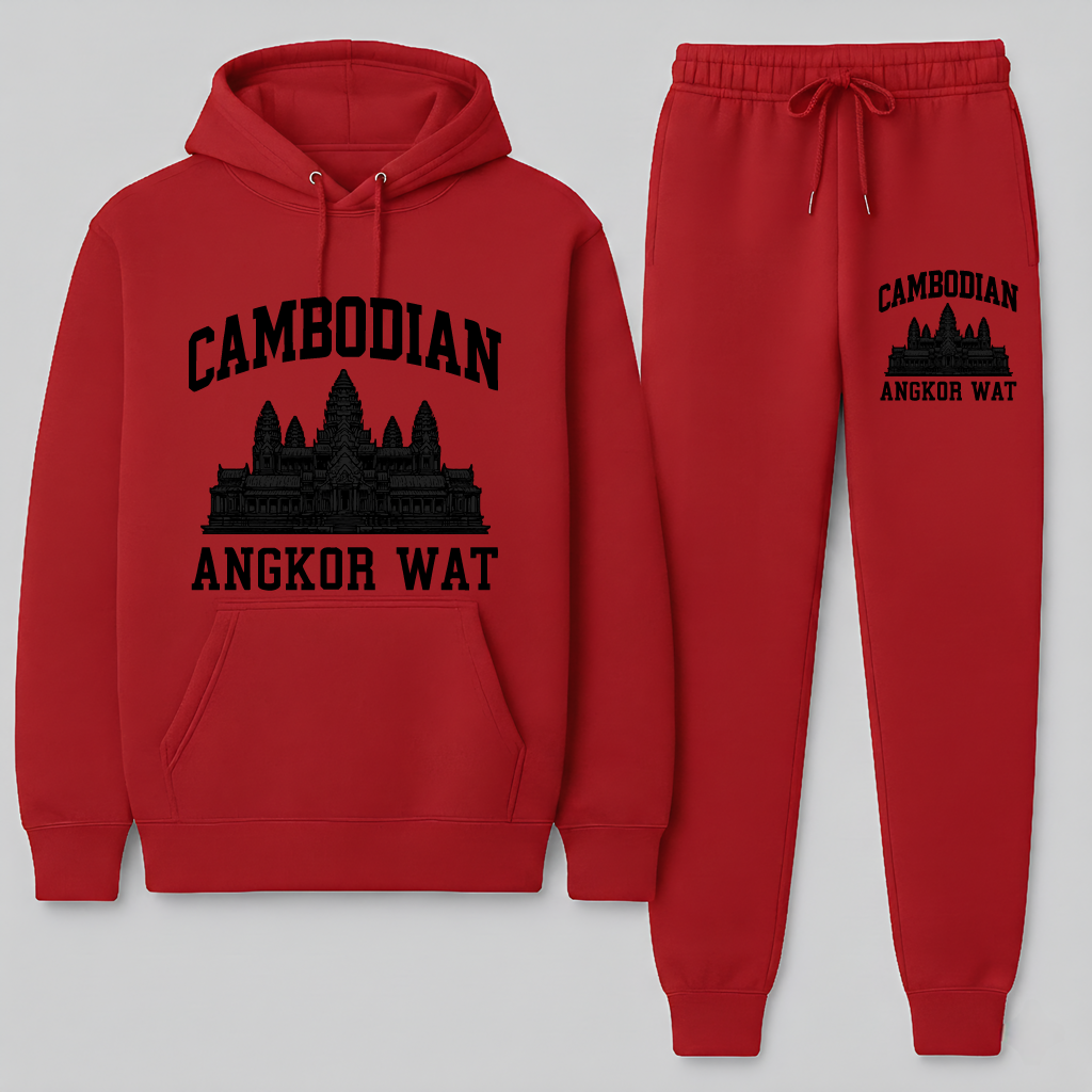 Red hoodie and jogger pants set with Cambodian Angkor Wat design on a gray background