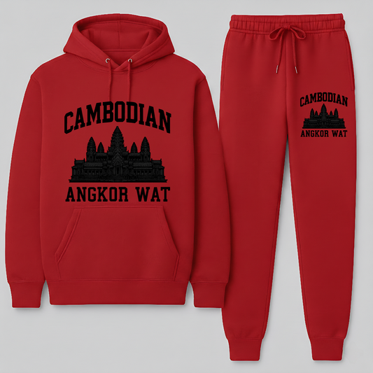 Red hoodie and jogger pants set with Cambodian Angkor Wat design on a gray background