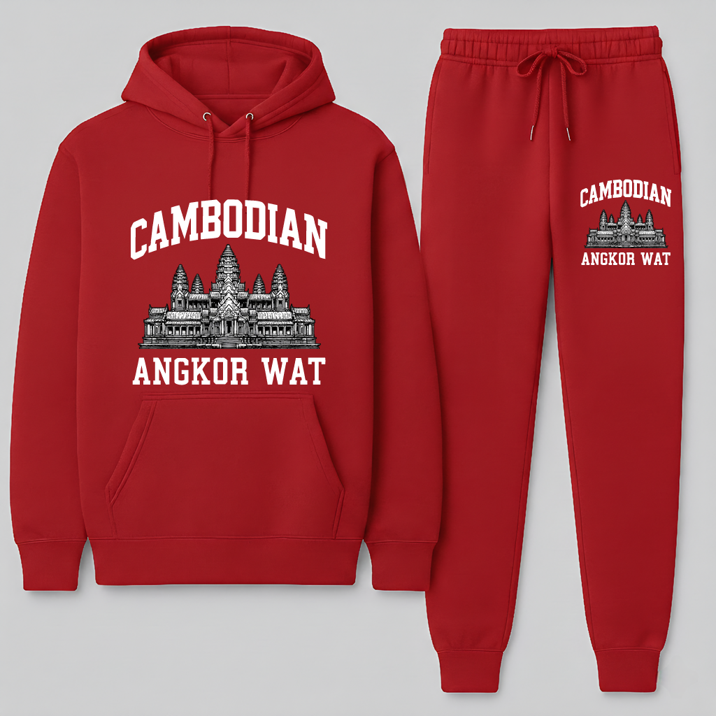 Red hoodie and jogger pants set with Cambodian Angkor Wat design on a gray background
